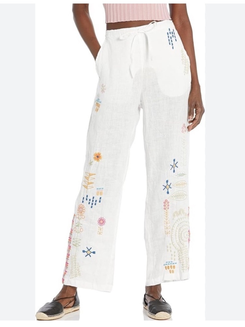 Biya by Johnny Was Elektra white linen embroidered Pants